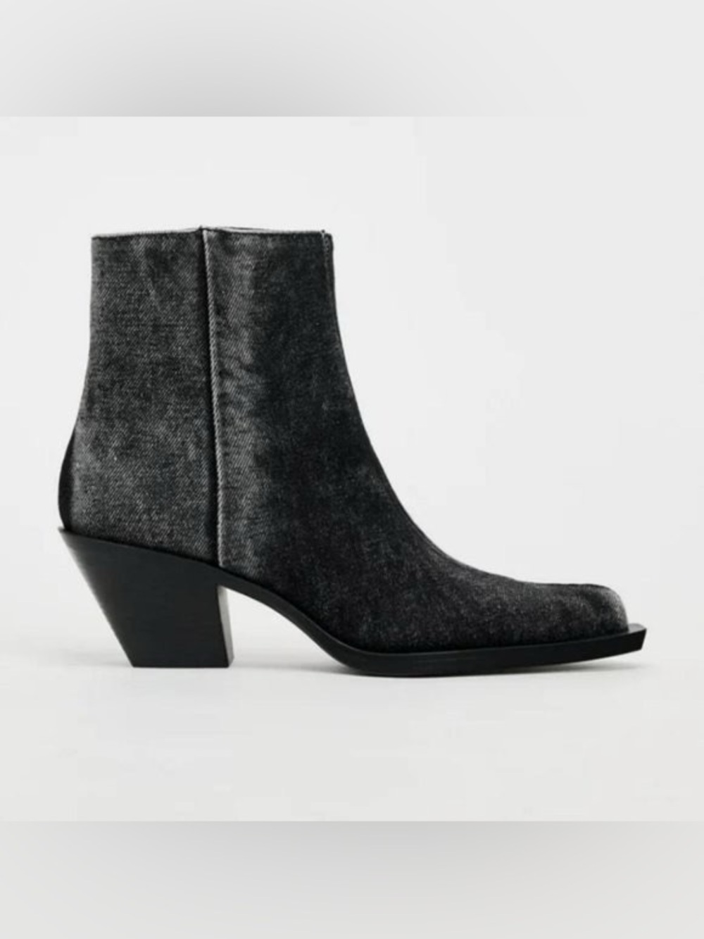NEW ZARA Black Grey Denim Mini Cowboy Ankle Boots Pointed Toe Block Heel 37